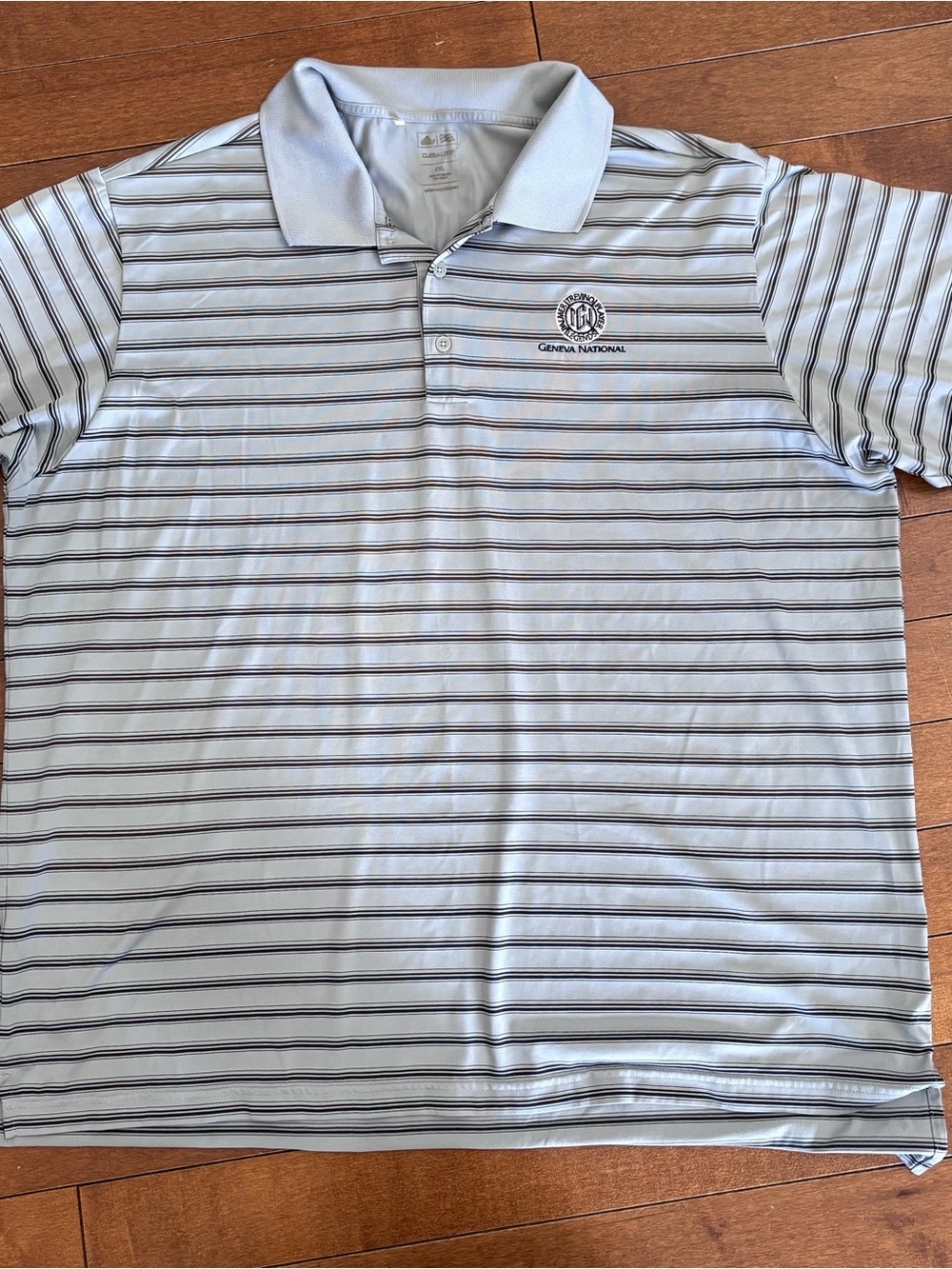 adidas Geneva National Golf Men's Light Blue Polo with Navy Stripes